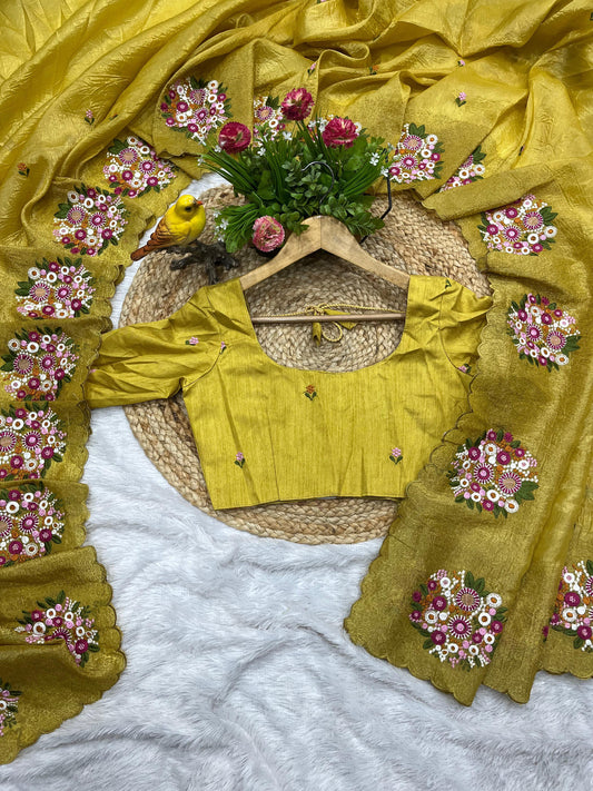 Pure Gold Crush Saree with Multicolor Thread & Cutwork Embroidery