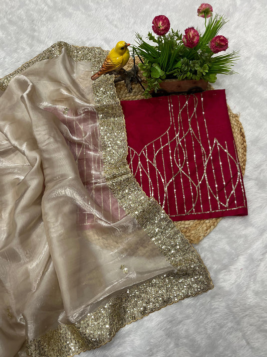 Premium Designer Saree Soft Jimmy Choo Fabric with Sequins Cutwork Border