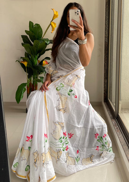 Traditional Pichwai Design Hand Painted & Hand Block Maslin Cotton Saree