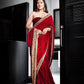 Royal Kumkum Red Velvet Saree with Embroidered Lavender Border