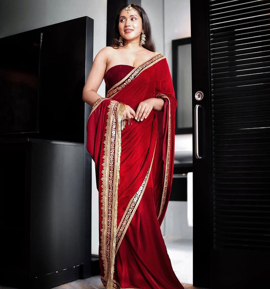 Royal Kumkum Red Velvet Saree with Embroidered Lavender Border