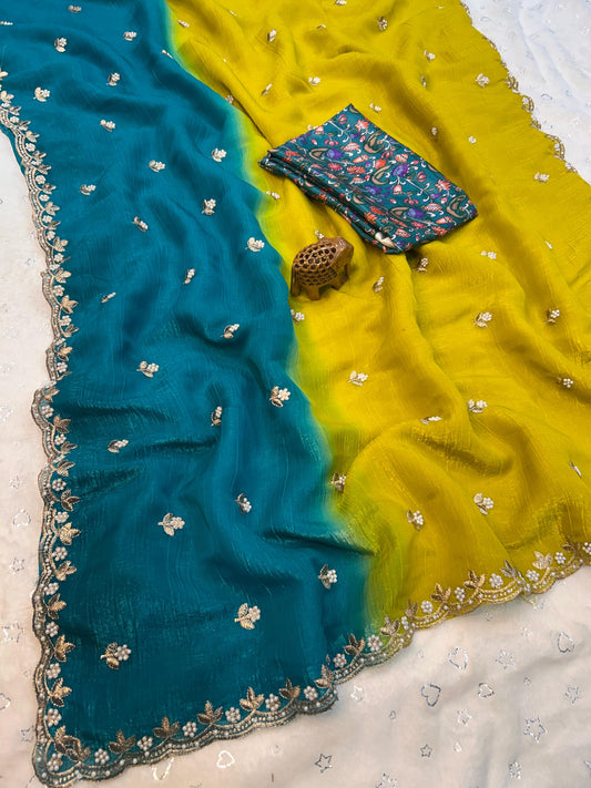 Elegant Churchy Chiffon Saree Digital Print Blouse with Embroidery Work
