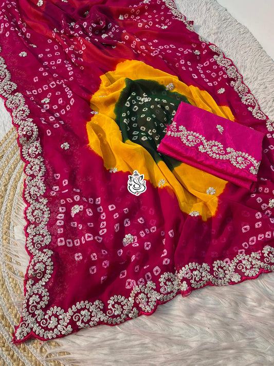 Premium Bandhej  Soft C*C Georgette Saree with Pitta & Sequin Work