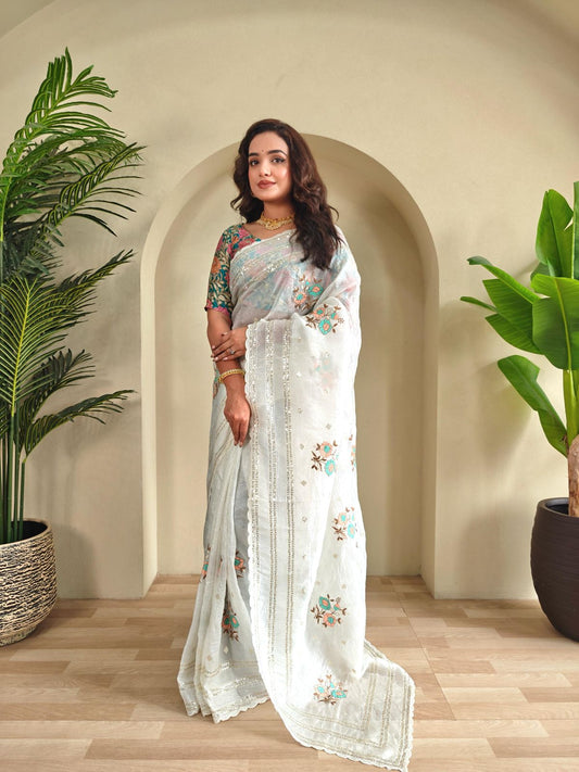 Premium Crunchy Chiffon Saree with Elegant Scallop & Thread Embroidery