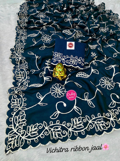 Vichitra Silk Saree with Designer Ribbon & Sequin Work