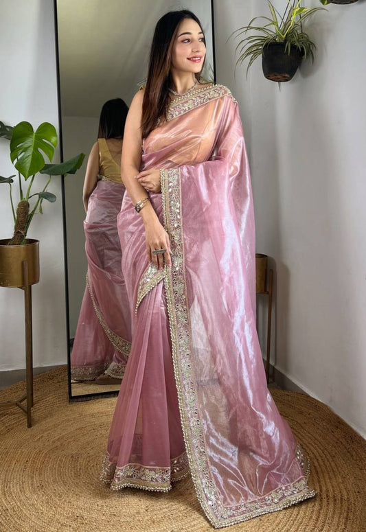 Silver Tissue Silk Saree with Designer Embroidery & Mirror Work