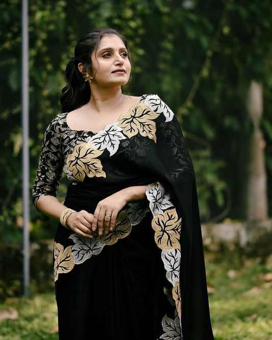 Premium Pure Satin Chiffon Silk Saree with Leaf Embroidery