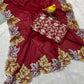 Premium Pure Satin Chiffon Silk Saree with Leaf Embroidery