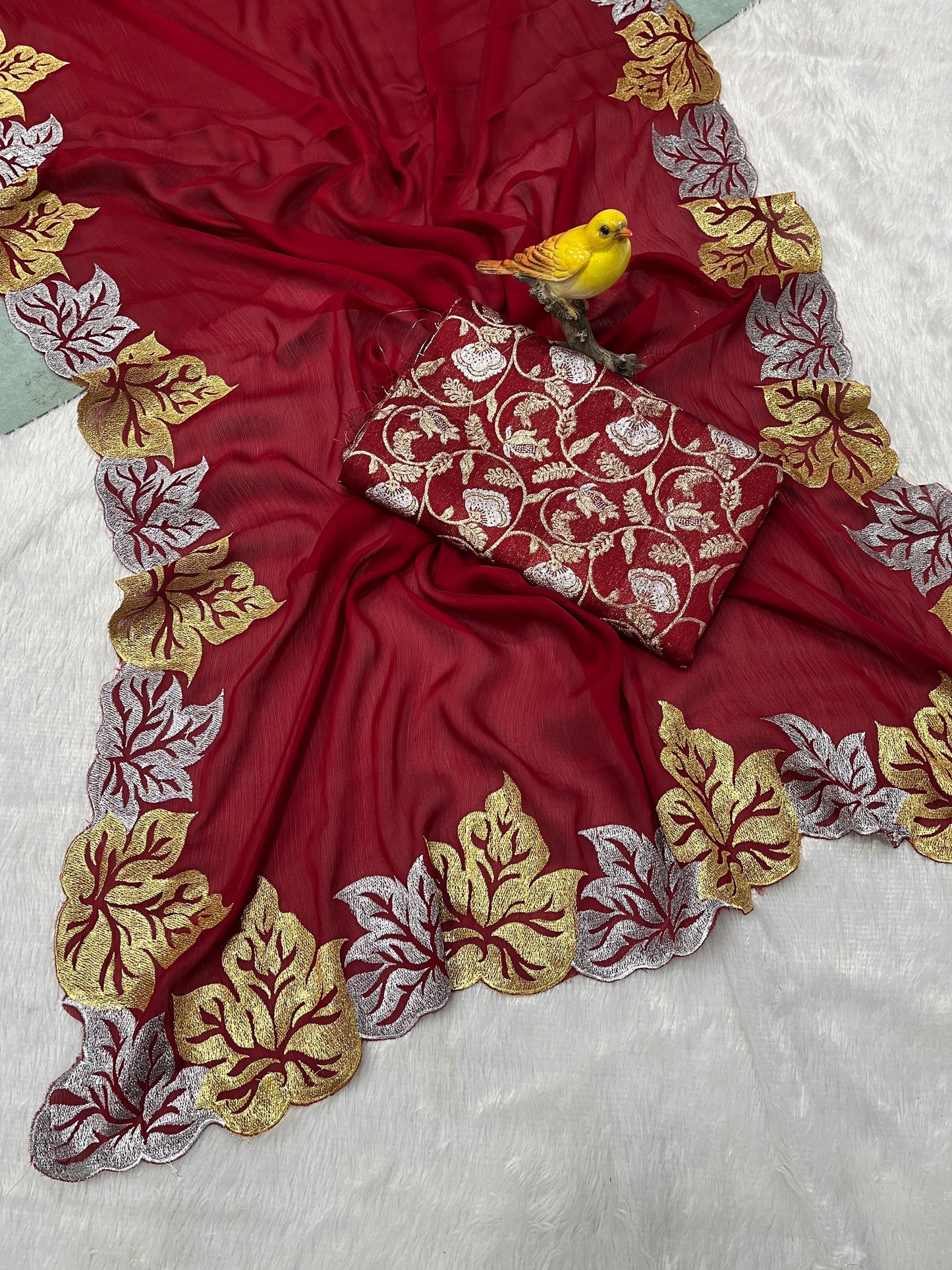Premium Pure Satin Chiffon Silk Saree with Leaf Embroidery