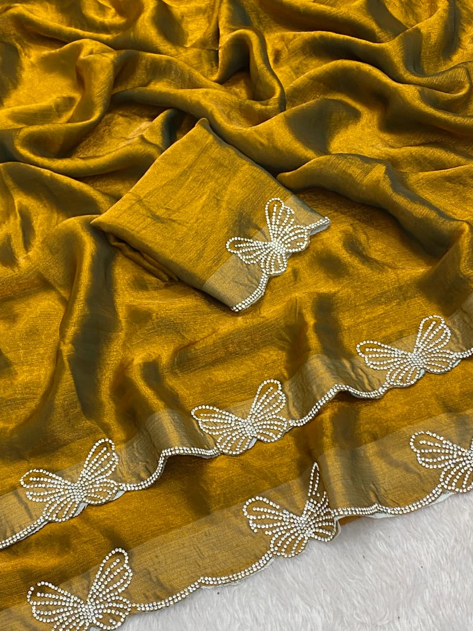 Premium Fendy Chiffon Saree with Complete Zarkan Diamond Work