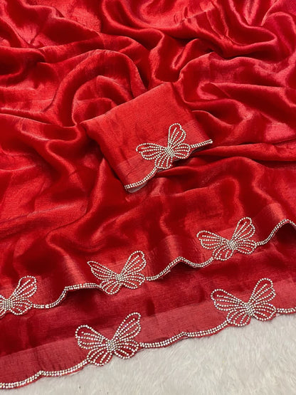 Premium Fendy Chiffon Saree with Complete Zarkan Diamond Work