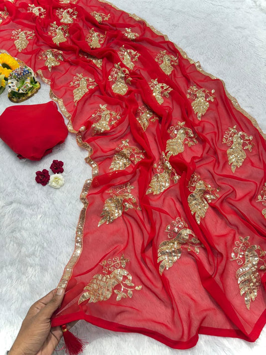 Premium Heavy Blooming Georgette Saree with All-Over Sequins & Peacock