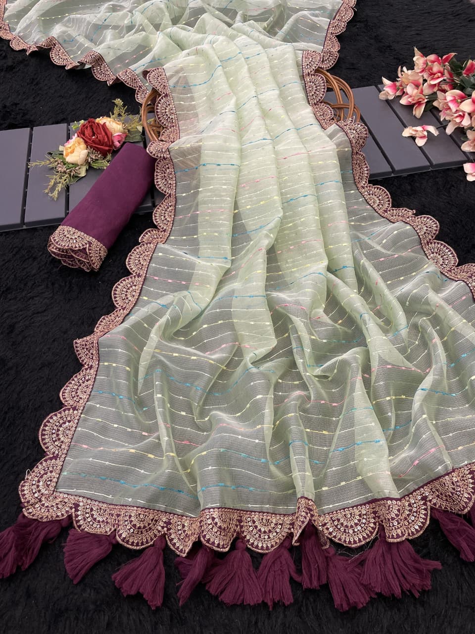 Luxurious Tissue Net Saree with Contrast Blouse