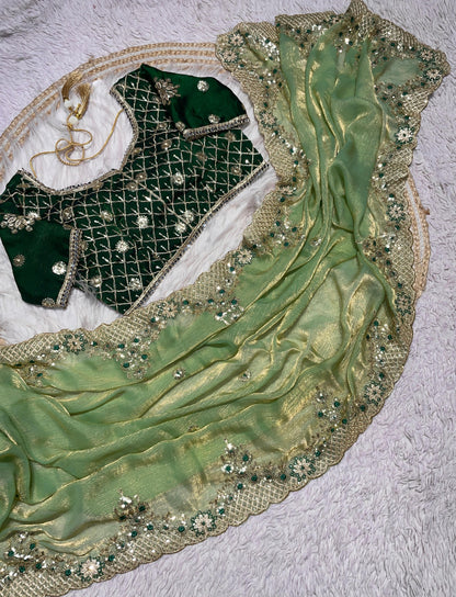 Premium Sequence Embroidery Two Tone Fendy Chiffon Saree
