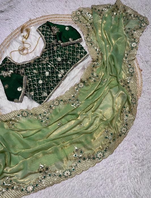 Premium Sequence Embroidery Two Tone Fendy Chiffon Saree