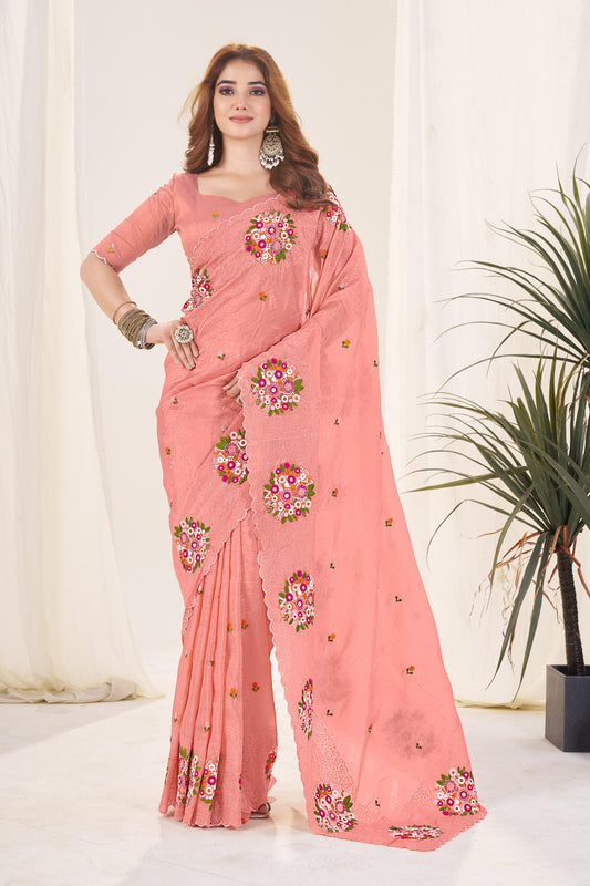 Premium Gold Crush Thread & Cutwork Embroidery Saree