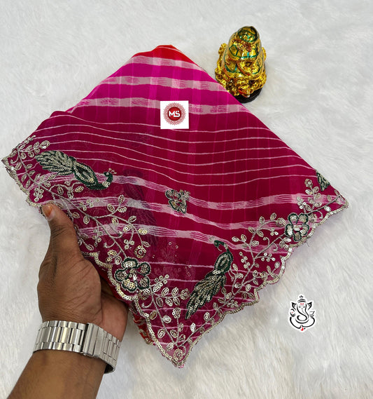 Premium C*C Lehriya Saree with Designer Peacock Work