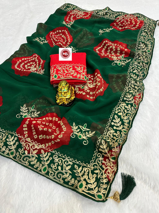 Premium Soft Georgette Bandhej Saree with Aari Work