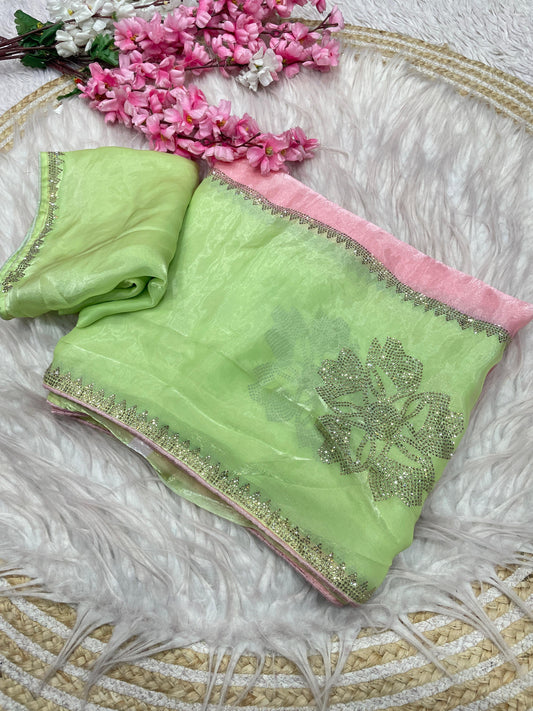 Premium Fandy Satin Digital Print Saree with Jarkhan & Siroski Work
