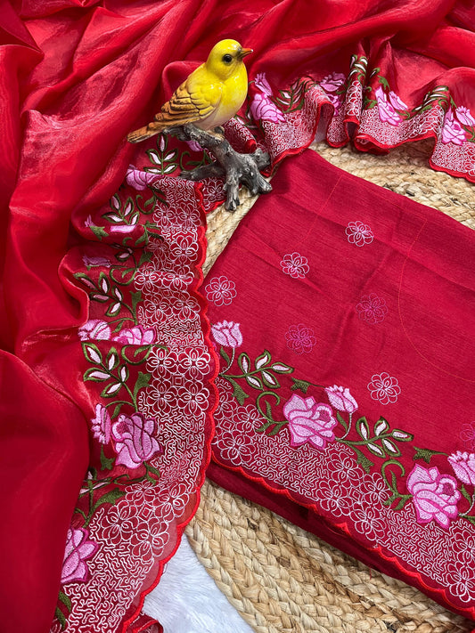 Premium Cherry Red Pure Geemichu Silk Saree