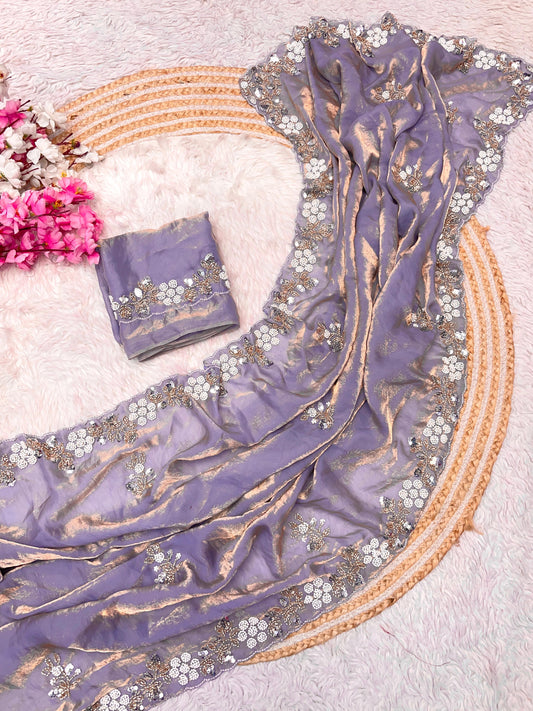 Elegant Fandy Satin Saree with Sequence Brits Work