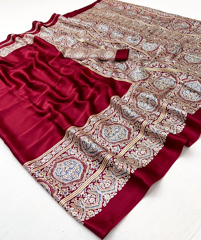 Premium Modal Satin Ajrakh Print Saree with Blouse