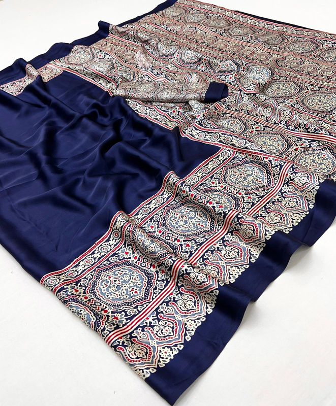 Premium Modal Satin Ajrakh Print Saree with Blouse