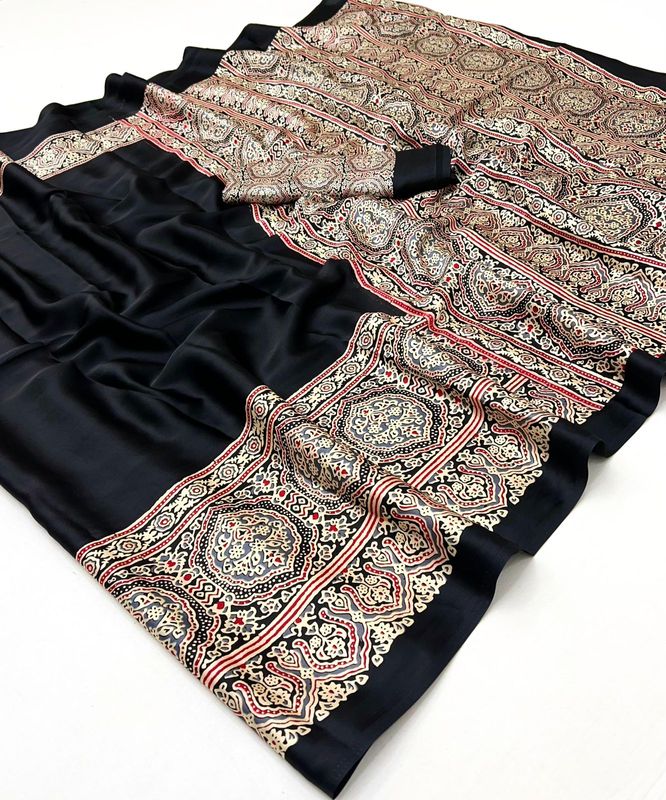 Premium Modal Satin Ajrakh Print Saree with Blouse