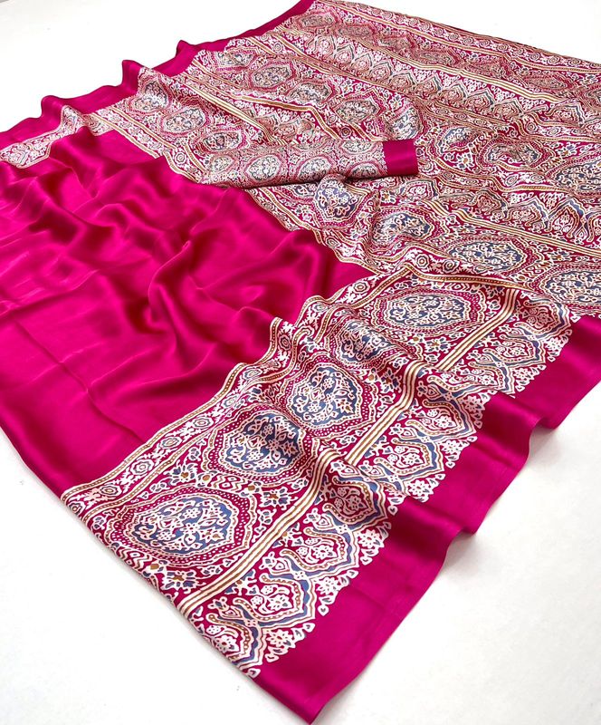 Premium Modal Satin Ajrakh Print Saree with Blouse