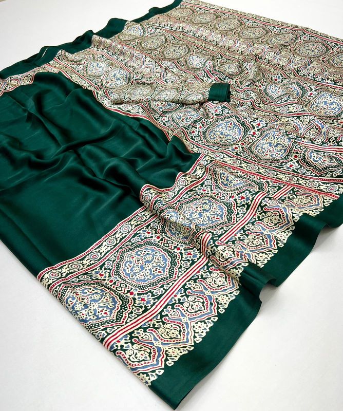 Premium Modal Satin Ajrakh Print Saree with Blouse