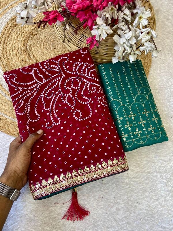 Premium Georgette Bandhani Foil Print Saree with Heavy Coding