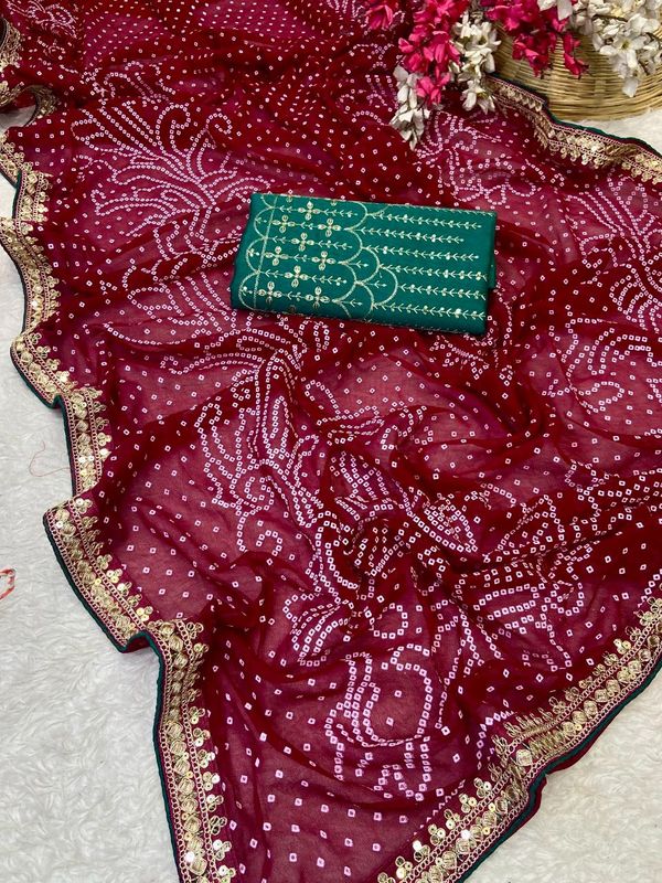 Premium Georgette Bandhani Foil Print Saree with Heavy Coding