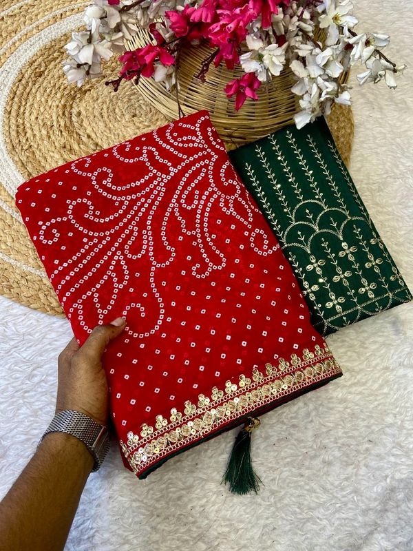 Premium Georgette Bandhani Foil Print Saree with Heavy Coding
