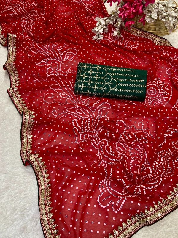 Premium Georgette Bandhani Foil Print Saree with Heavy Coding