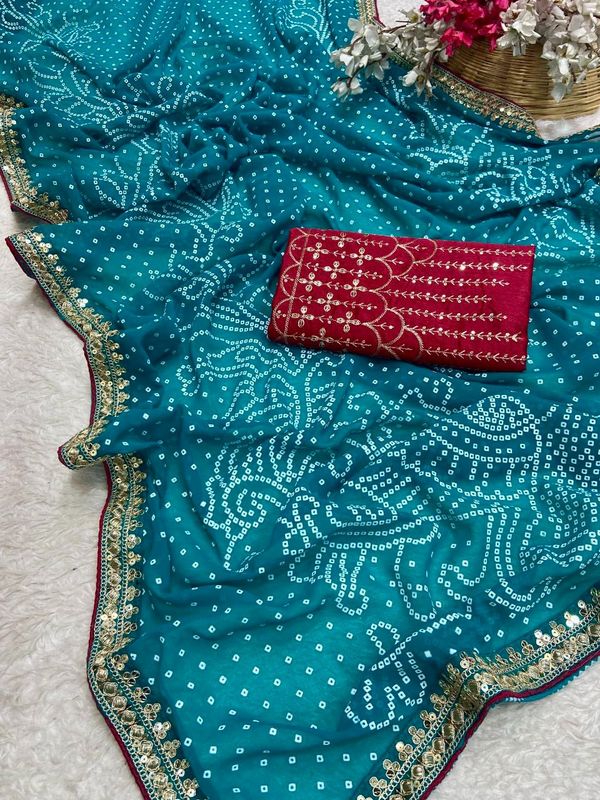 Premium Georgette Bandhani Foil Print Saree with Heavy Coding