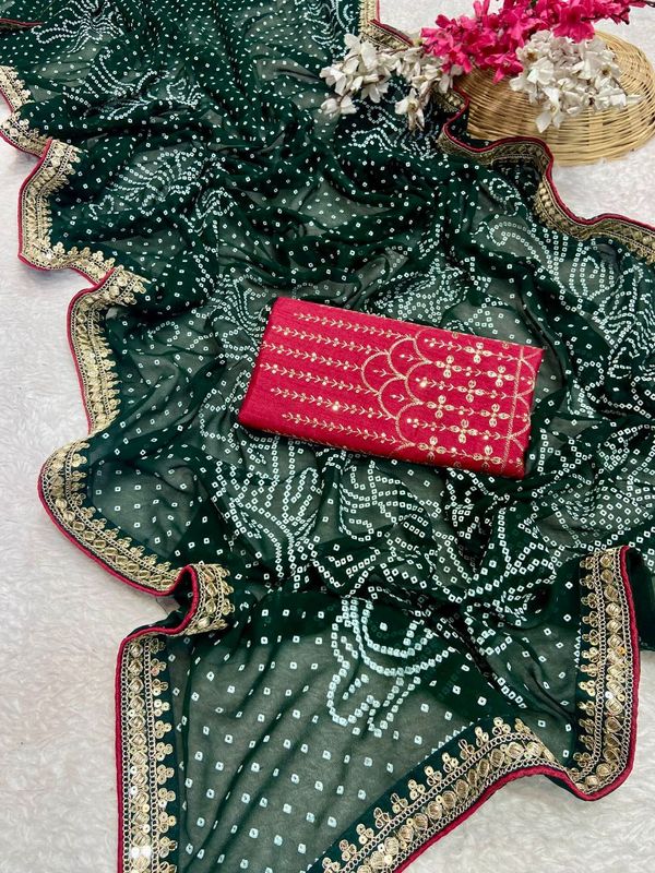 Premium Georgette Bandhani Foil Print Saree with Heavy Coding