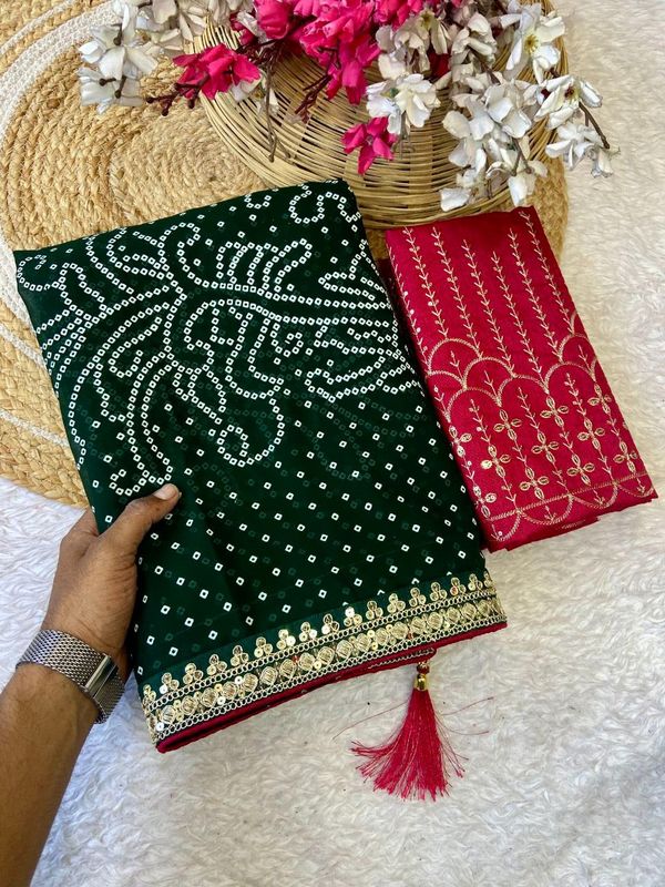 Premium Georgette Bandhani Foil Print Saree with Heavy Coding