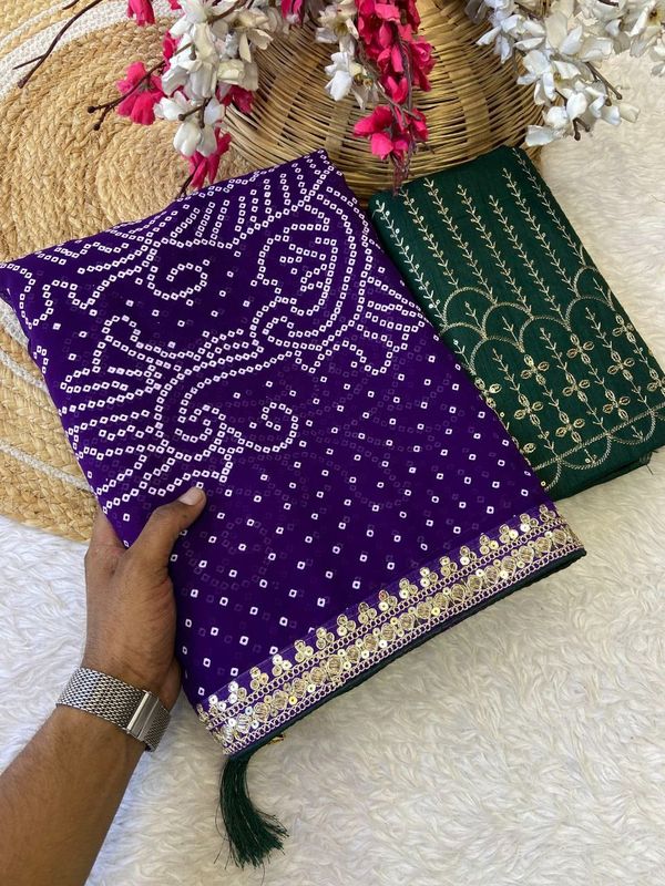 Premium Georgette Bandhani Foil Print Saree with Heavy Coding