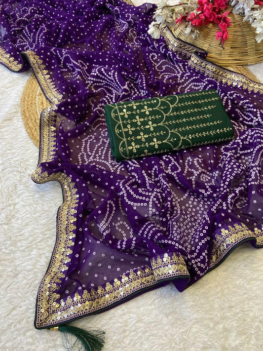 Premium Georgette Bandhani Foil Print Saree with Heavy Coding
