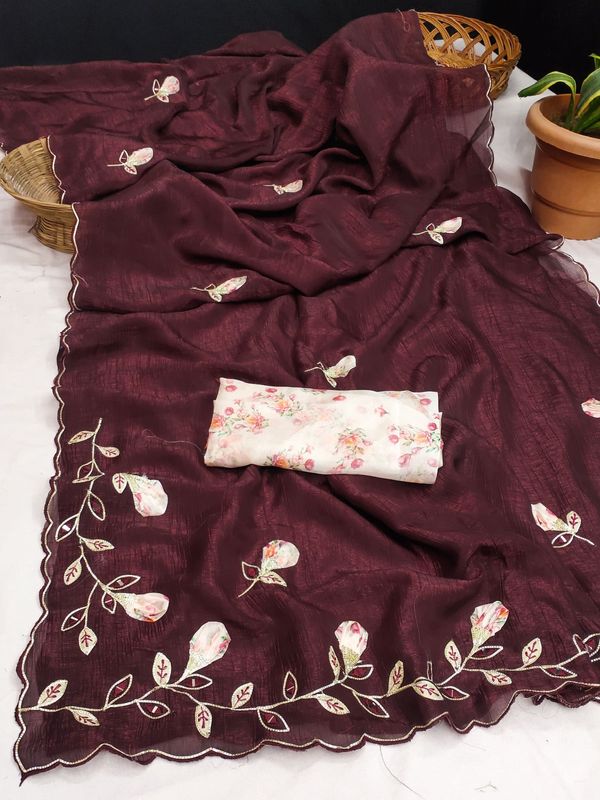 Premium Peach Butta Georgette Saree with Digital Print Riyon Blouse