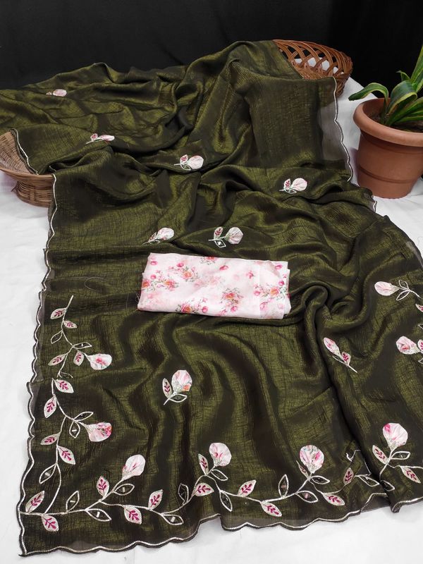 Premium Peach Butta Georgette Saree with Digital Print Riyon Blouse