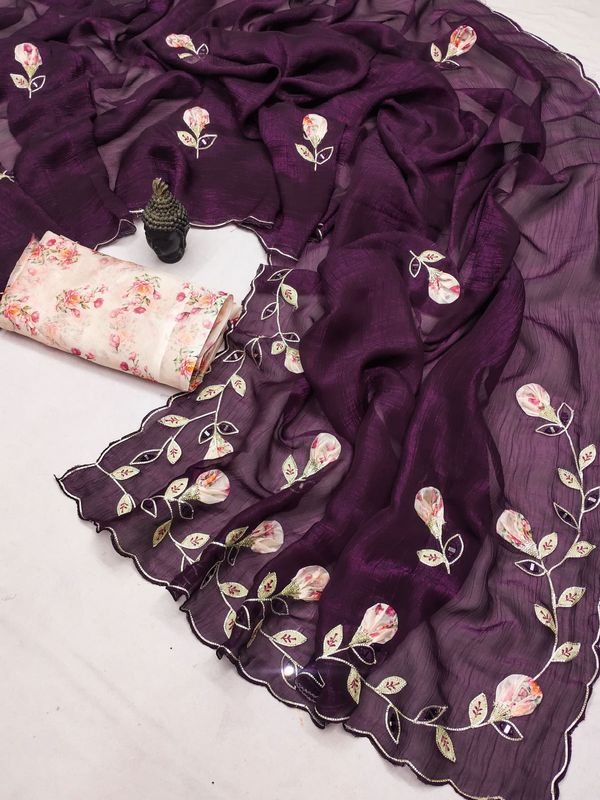 Premium Peach Butta Georgette Saree with Digital Print Riyon Blouse
