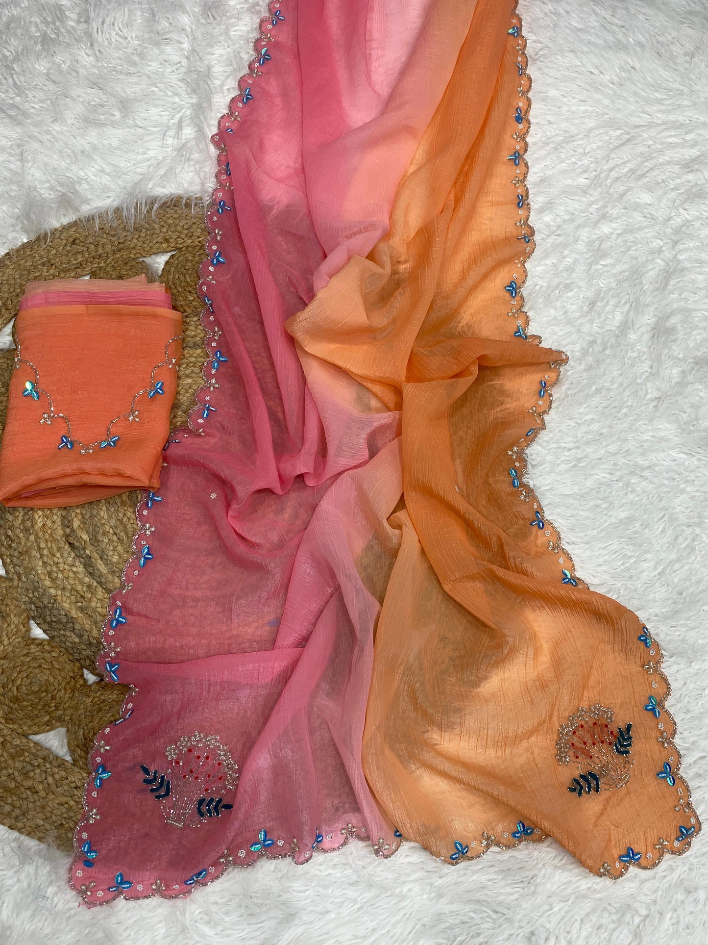 Premium Crunchy Silk Saree with Shaded Color Effect & Intricate Khatli Handwork