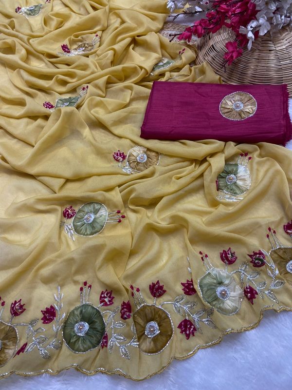 Premium Star Georgette Saree with Exquisite Handwork & Peach Butta