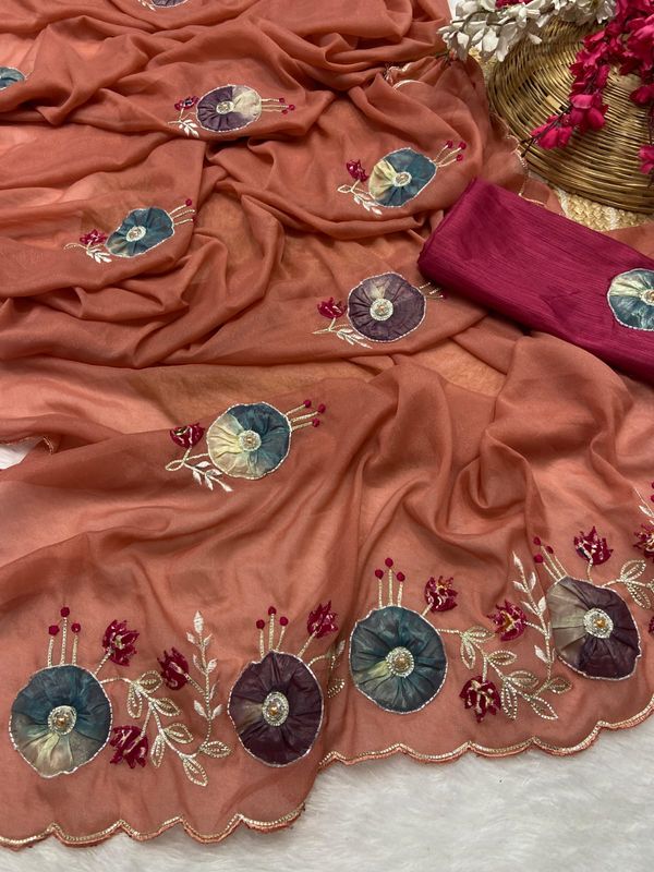 Premium Star Georgette Saree with Exquisite Handwork & Peach Butta
