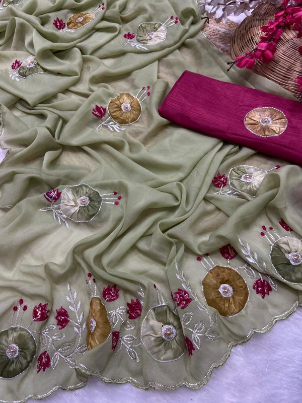 Premium Star Georgette Saree with Exquisite Handwork & Peach Butta