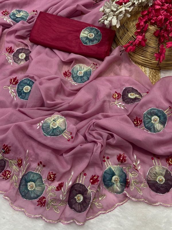 Premium Star Georgette Saree with Exquisite Handwork & Peach Butta