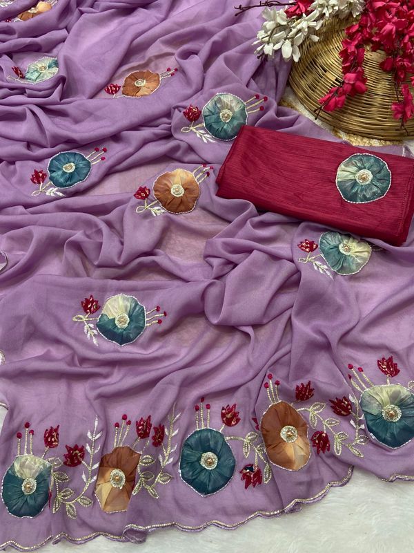 Premium Star Georgette Saree with Exquisite Handwork & Peach Butta