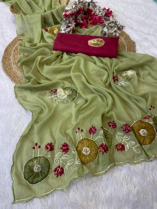 Premium Star Georgette Saree with Exquisite Handwork & Peach Butta