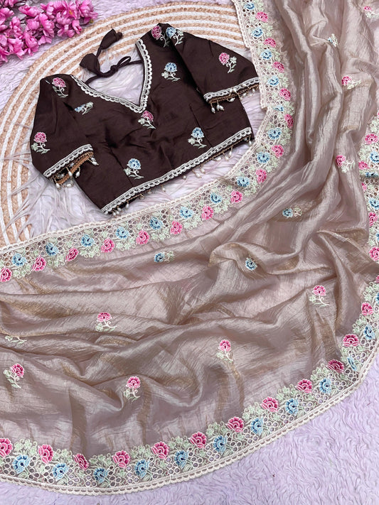 Premium Mono Banglori Saree with Multi-Thread Embroidery & Cutwork Border